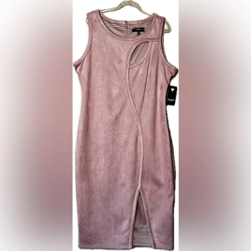 Size 16 Guess Faux Suede Sleeveless Midi Dress w/ Slit in Light Mauve - Picture 4 of 7